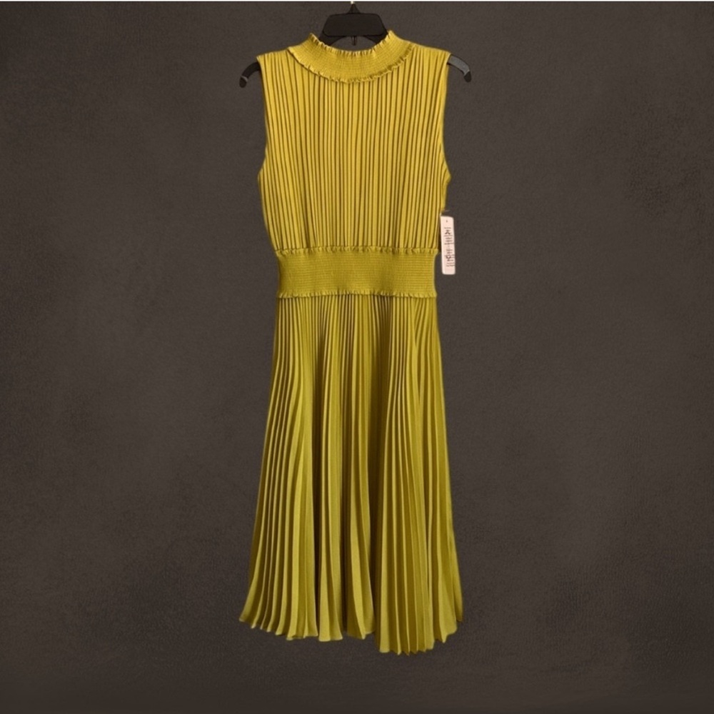 Nanette Lepore Pleated Sleeveless Smock High Neck Chartreuse Green Yellow Dress